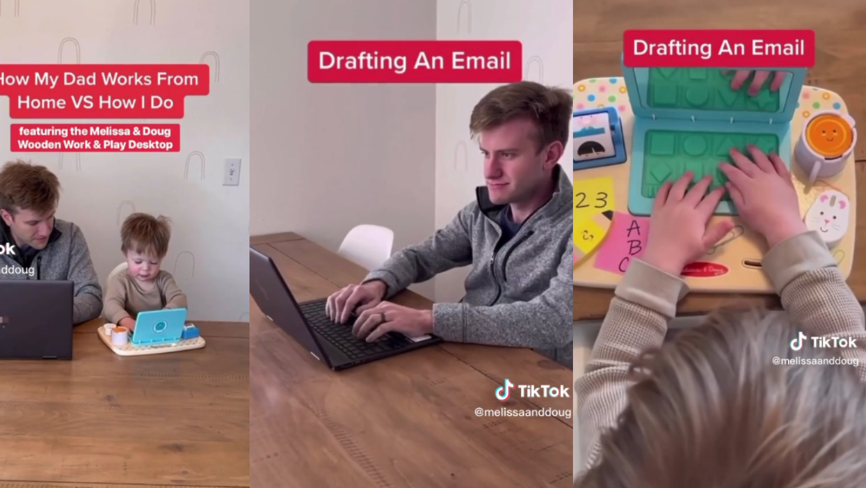 Father and son testing out Melissa & Doug's "Work From Home" toy