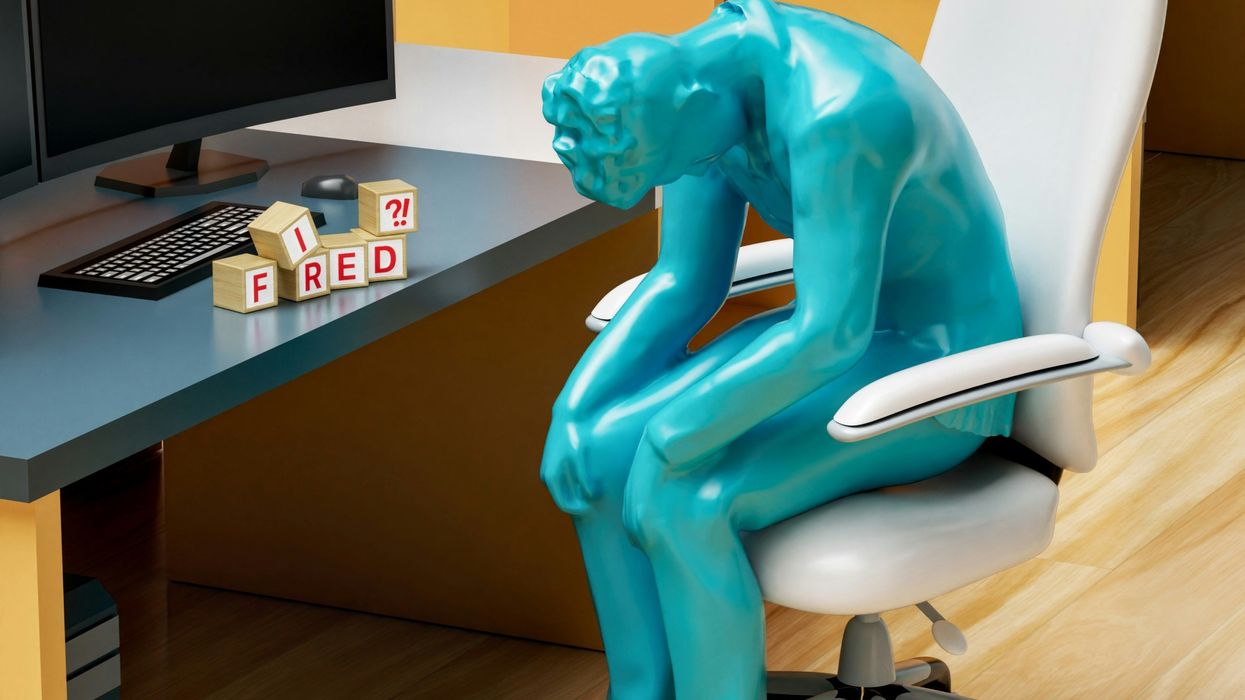 Figured sitting slumped in an office chair with blocks spelling "FIRED" on their desk