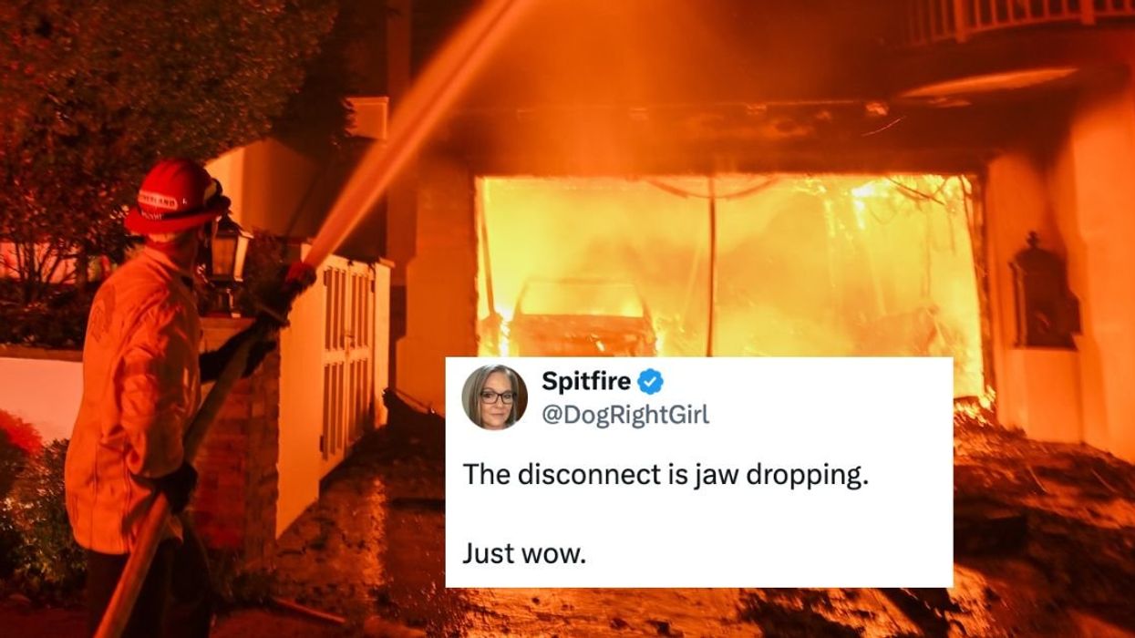 Firefighter extinguishing a home fire with @DogRightGirl's X that reads: 'The disconnect is jaw dropping. Just wow.'