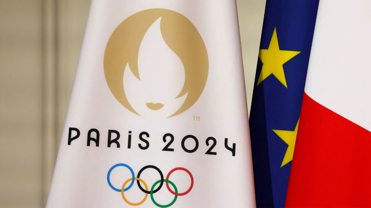 Flag with the Paris 2024 logo, EU flag and French flag