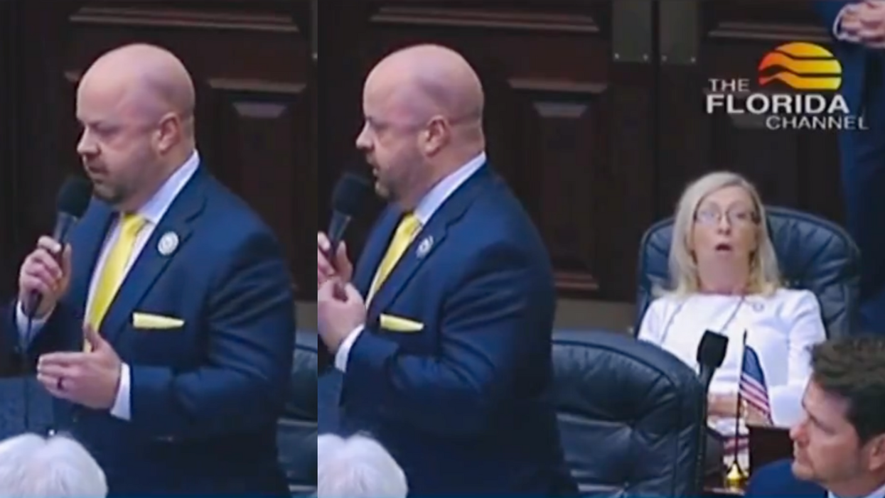 Florida Channel screenshots of Jeff Holcomb and Kelly Skidmore during his speech