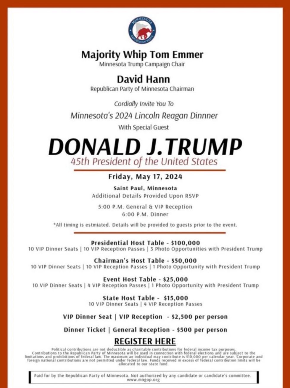 Flyer for Minnesota GOP fundraiser