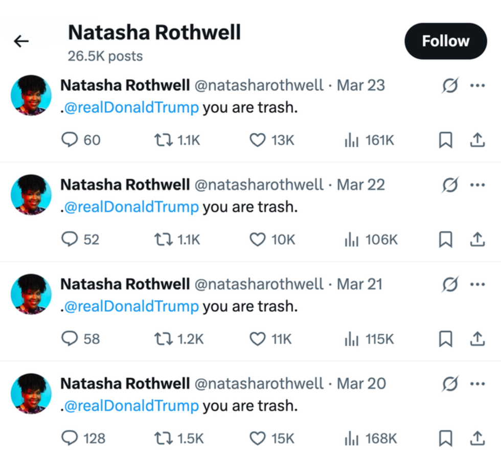 Four identical tweets criticizing Donald Trump by Natasha Rothwell.