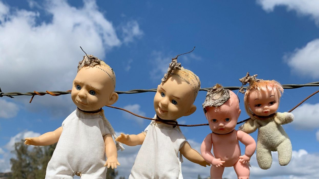 Four mistreated baby dolls are hung by barb wire