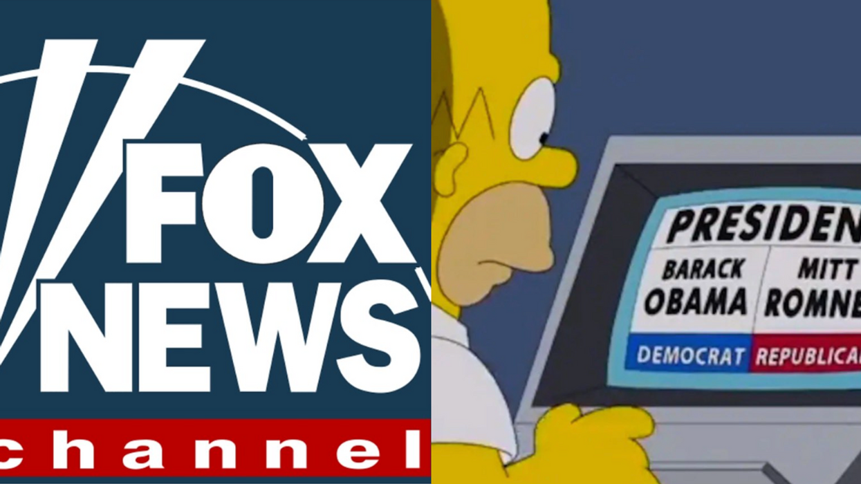 Fox News logo; FOX screenshot from "Simpsons" episode showing Homer voting in 2012