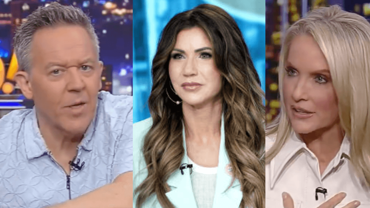 Fox News screenshot of Greg Gutfeld; Kristi Noem; Fox News screenshot of Dana Perino