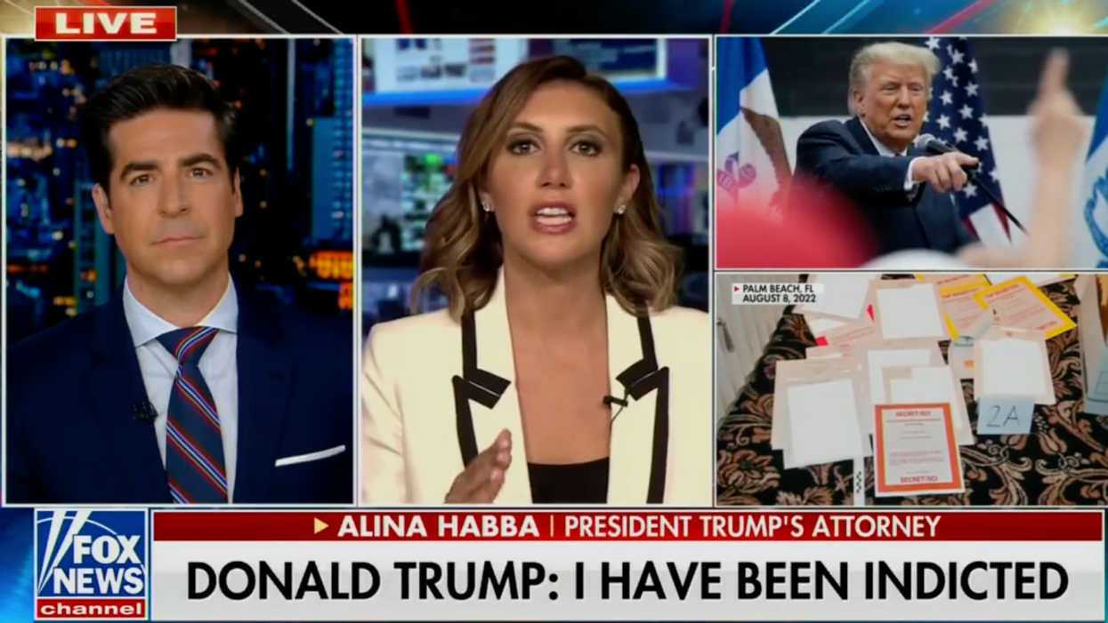 Fox News screenshot of Jesse Watters and Alina Habba discussing Donald Trump's indictment