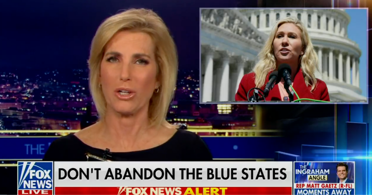 Fox News screenshot of Laura Ingraham addressing Marjorie Taylor Greene's "national divorce" proposal