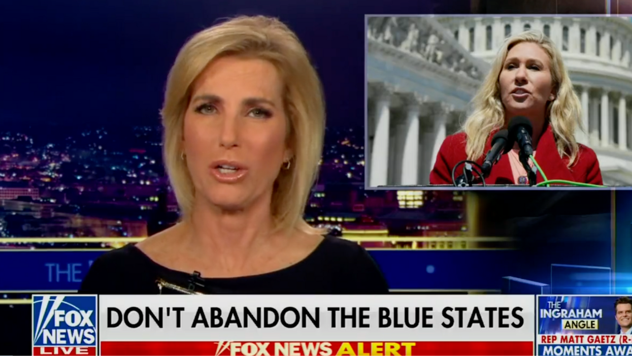 Fox News screenshot of Laura Ingraham addressing Marjorie Taylor Greene's "national divorce" proposal