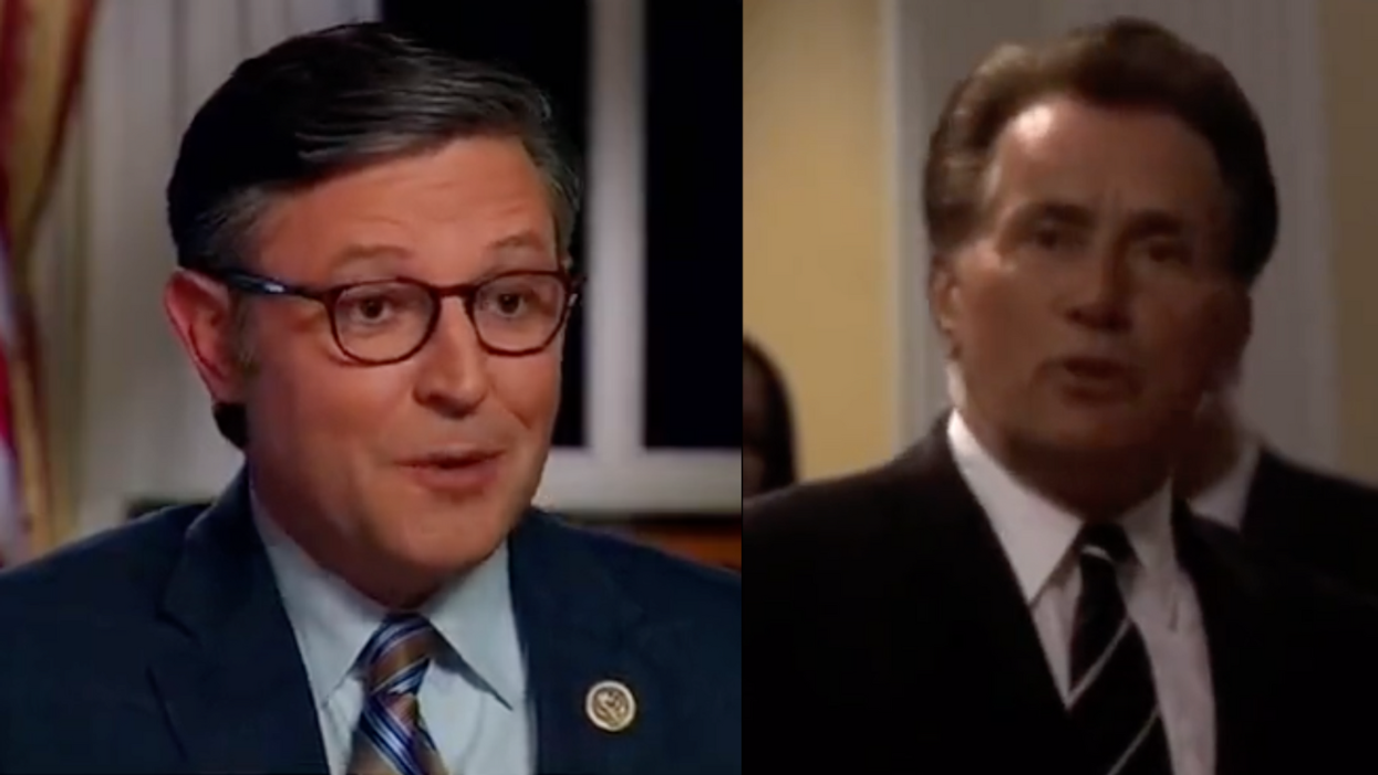 Fox News screenshot of Mike Johnson; TikTok screenshot of Martin Sheen from "The West Wing"