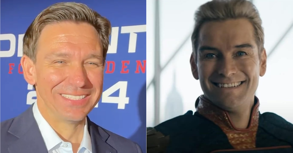 Fox News screenshot of Ron DeSantis; Prime Video screenshot of Homelander from "The Boys"