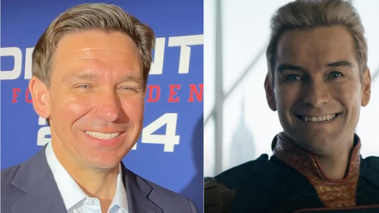 Fox News screenshot of Ron DeSantis; Prime Video screenshot of Homelander from "The Boys"