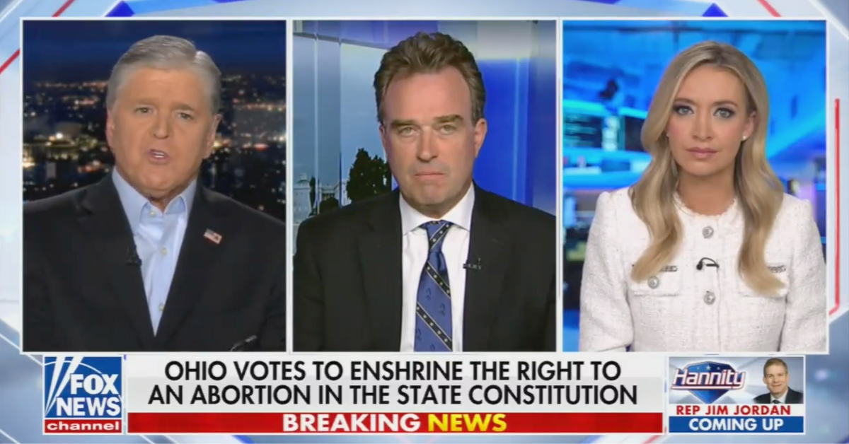 Fox News screenshot of Sean Hannity, Charlie Hurt, and Kayleigh McEnany