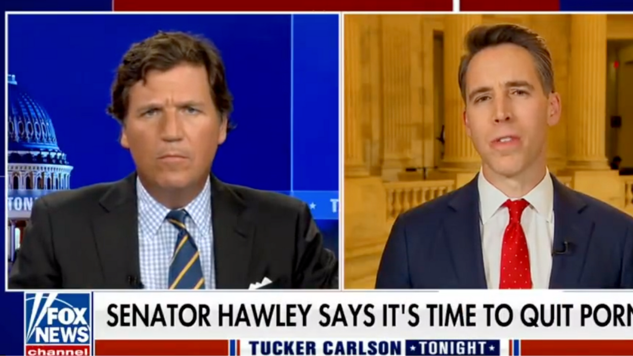 Fox News screenshot of Tucker Carlson and Josh Hawley during Hawley's appearance