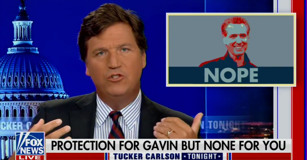 Fox News screenshot of Tucker Carlson during his segment criticizing Gavin Newsom