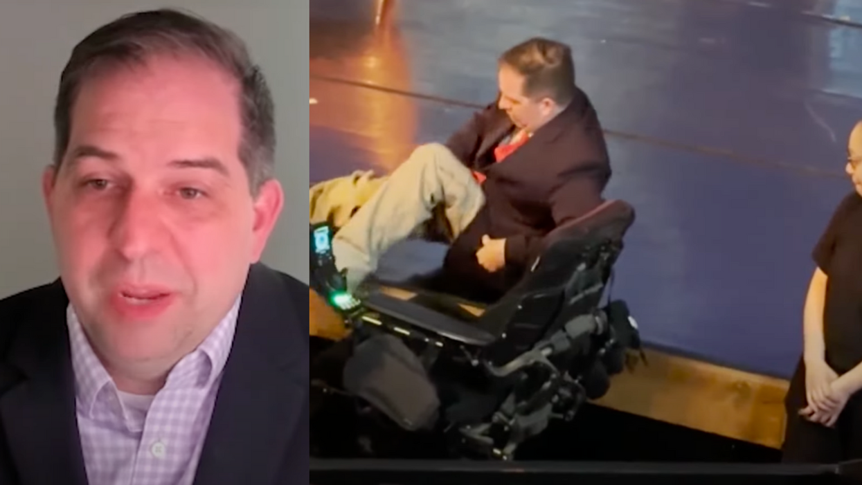 Fox31 Denver screenshot of Chris Hinds; Fox31 Denver screenshot of Hinds hoisting himself onstage