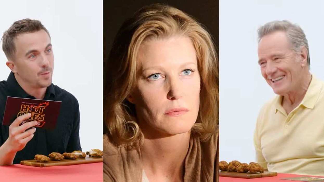 Frankie Muniz (left) and Bryan Cranston (right) face off on Hot Ones Versus as Anna Gunn’s Skyler White (middle) remains at the center of the debate.
