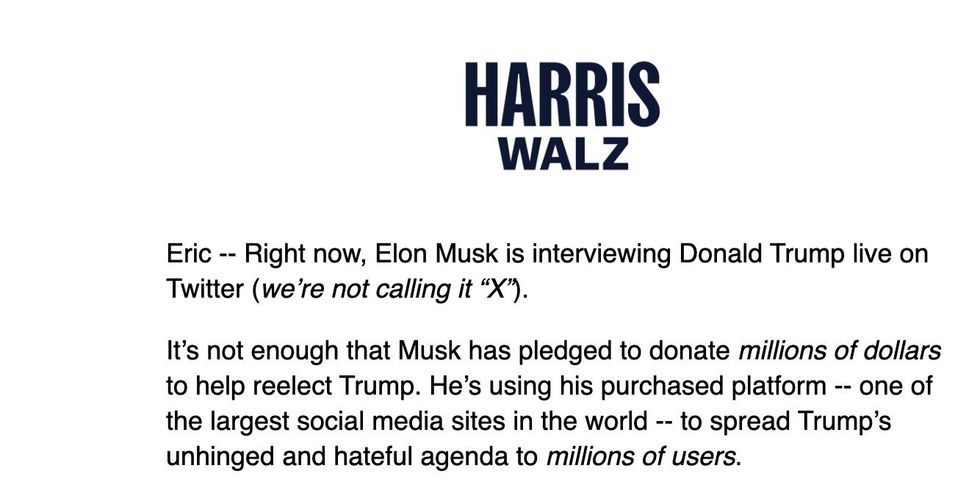 Fundraising email from Harris campaign released during Trump's X interview