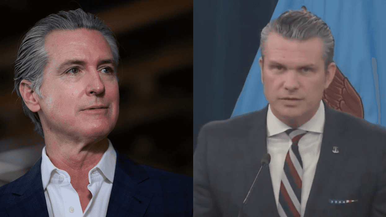 Gavin Newsom; Screenshot of Pete Hegseth