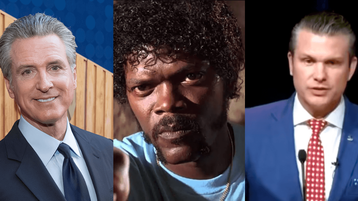 Gavin Newsom; Screenshot of Samuel L. Jackson from "Pulp Fiction"; Screenshot of Pete Hegseth
