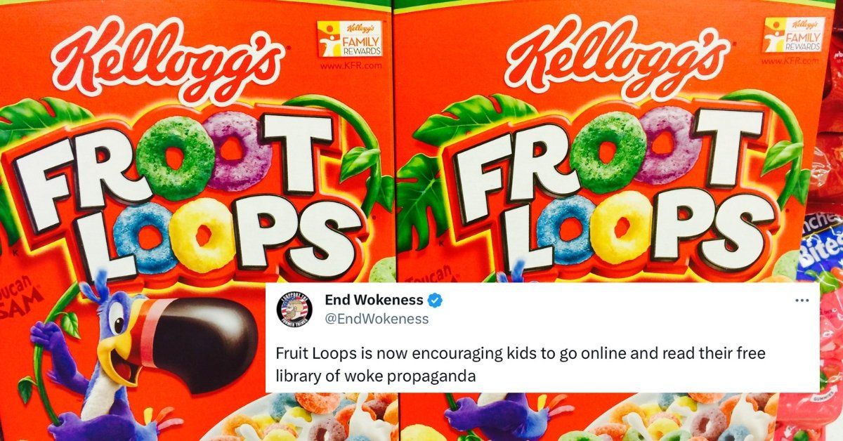 Getty Image of Kellogg’s Froot Loops with @EndWokeness tweet overlayed