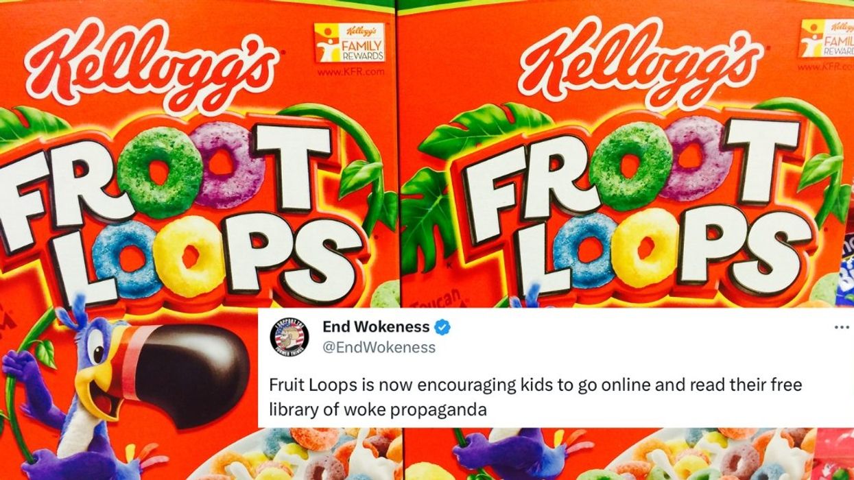 Getty Image of Kellogg’s Froot Loops with @EndWokeness tweet overlayed