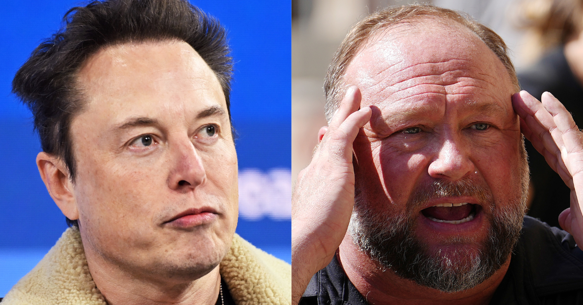 Getty Images of Elon Musk (L) and Alex Jones (R)