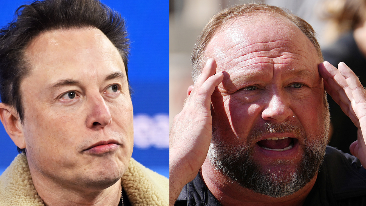 Getty Images of Elon Musk (L) and Alex Jones (R)