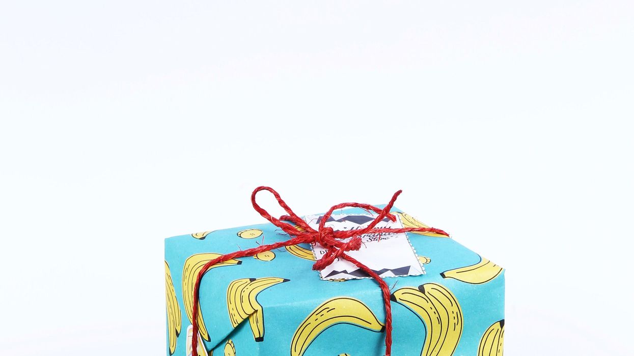 gift in banana print wrapping paper