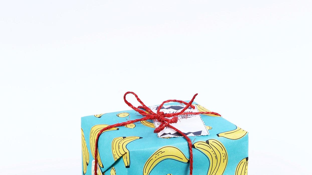 gift in banana print wrapping paper