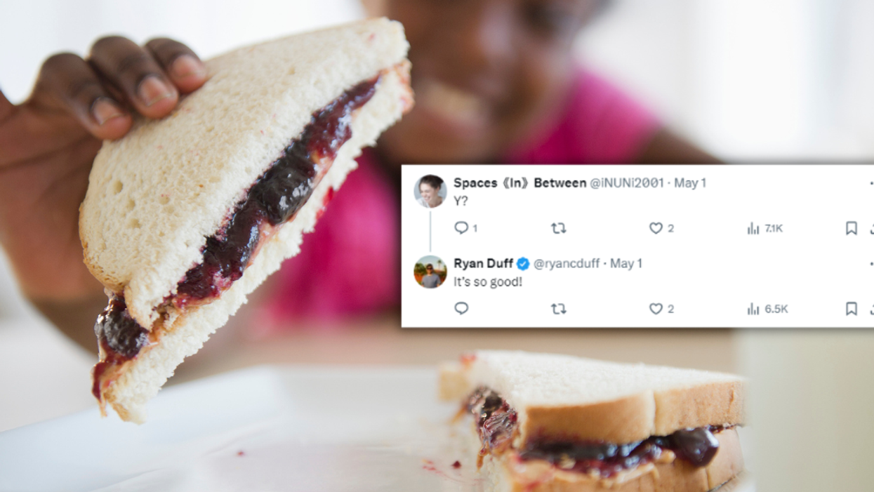 Girl showing diagonal cut PB&J; Screenshot from @ryancduff's X post about Y-cut sandwiches