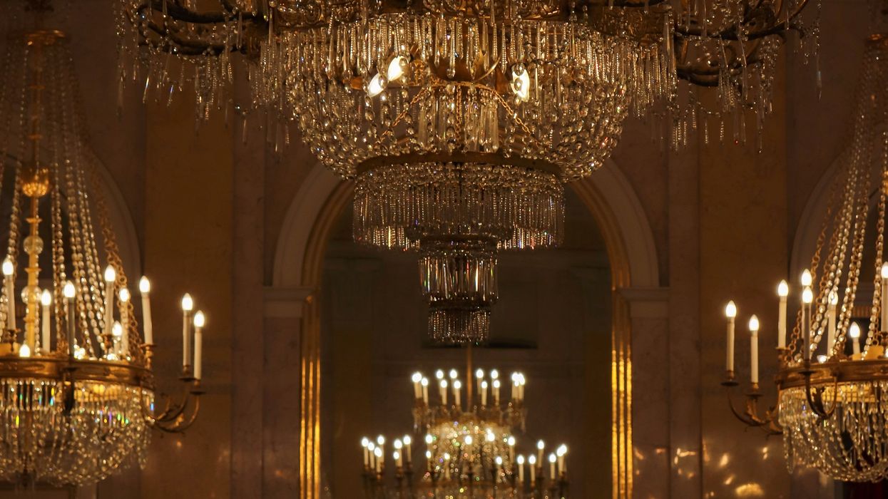 Gold chandeliers at hotel