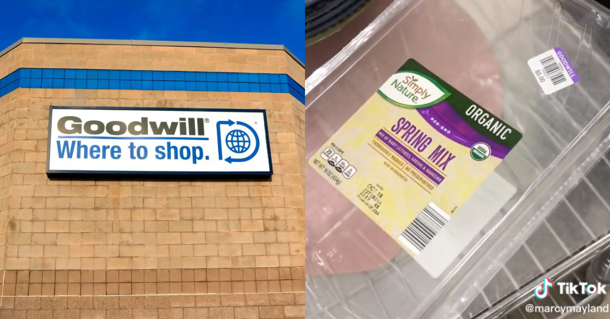 Goodwill store; TikTok screenshot of salad container