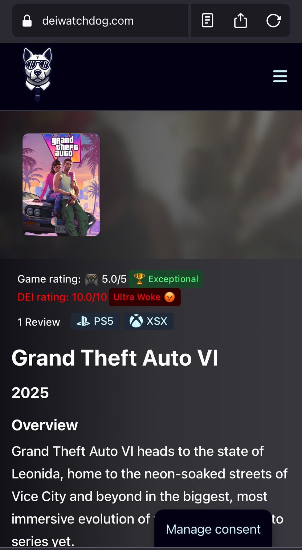 Grand Theft Auto VI rating by DEI Watchdog