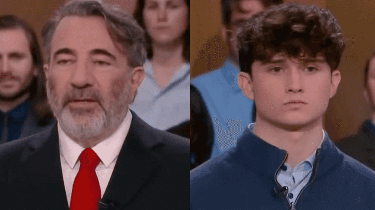 Gregory Talbert (left) and his son Michael Talbert (right) appear in court on Equal Justice with Judge Eboni K. Williams during their dispute over a conversion therapy program.