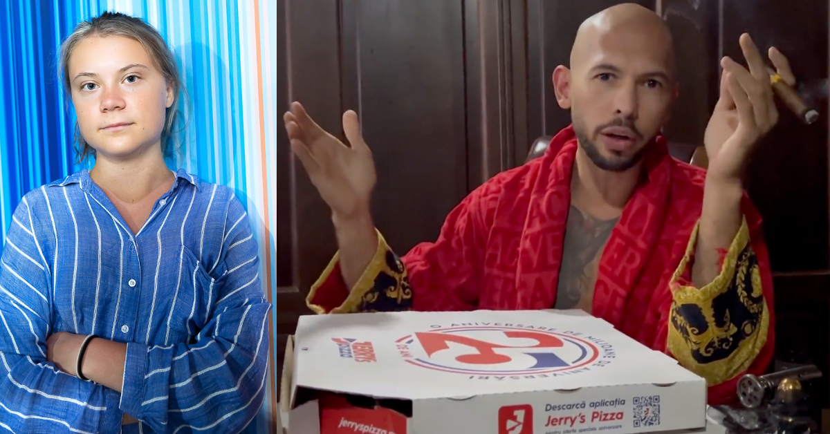 Greta Thunberg; screenshot of Andrew Tate with pizza boxes