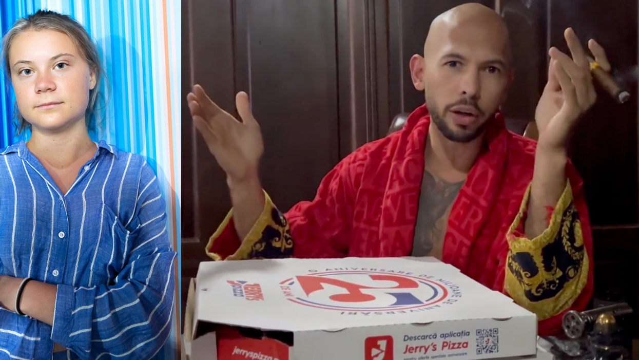 Greta Thunberg; screenshot of Andrew Tate with pizza boxes