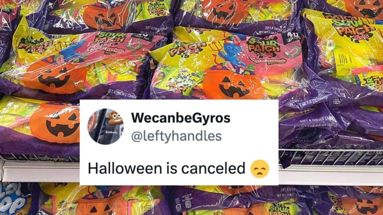 Halloween candy with tweet overlayed that says "Halloween is canceled"