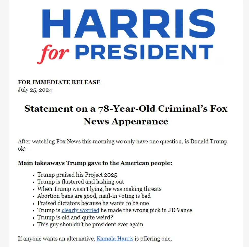 Harris for President campaign release on Donald Trump's Fox News appearance