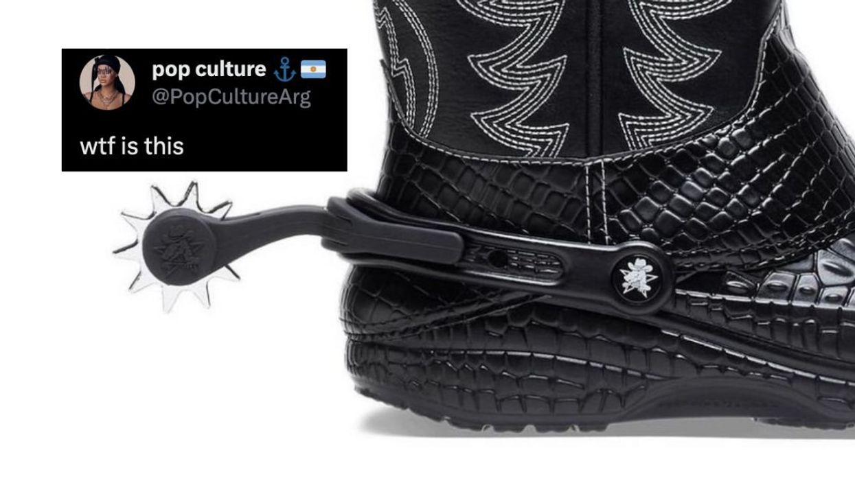 Heel and spur of Crocs Cowboy boot with @PopCultureArg tweeting, "wtf is this."