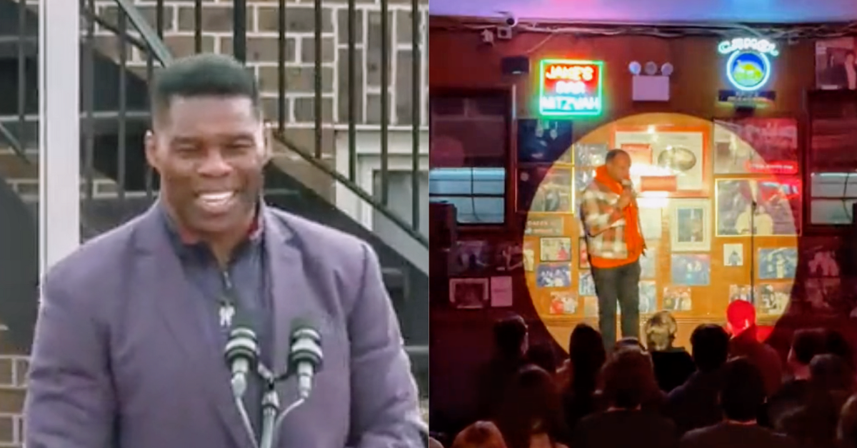 Herschel Walker giving speech; Roy Wood Jr. performing at comedy club