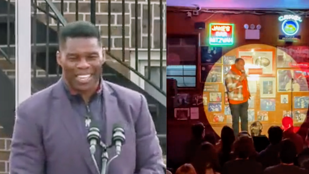 Herschel Walker giving speech; Roy Wood Jr. performing at comedy club