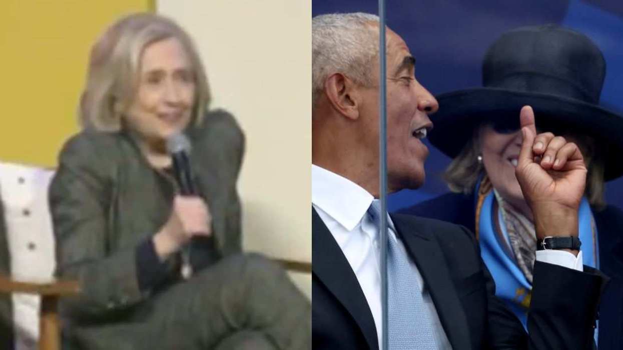 Hillary Clinton (left) and Barack Obama (right) share a laugh.
