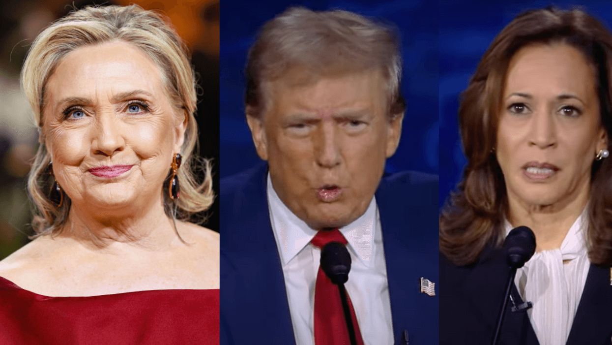 Hillary Clinton; Screenshots of Donald Trump and Kamala Harris