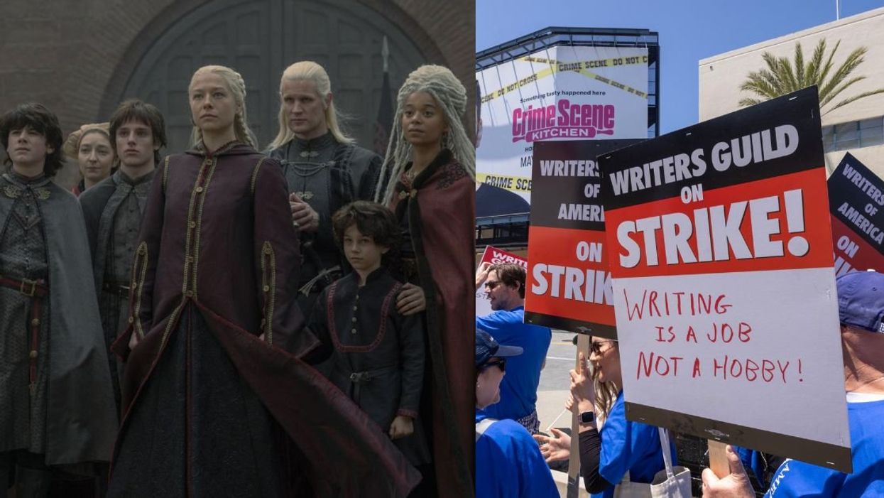 "House of the Dragon" still; Protesters with "WGA On Strike" signs