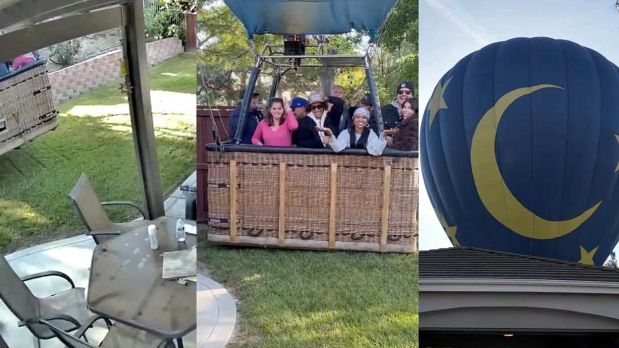 Hunter Perrin’s backyard in Temecula becomes an unexpected landing spot for a hot air balloon carrying passengers.