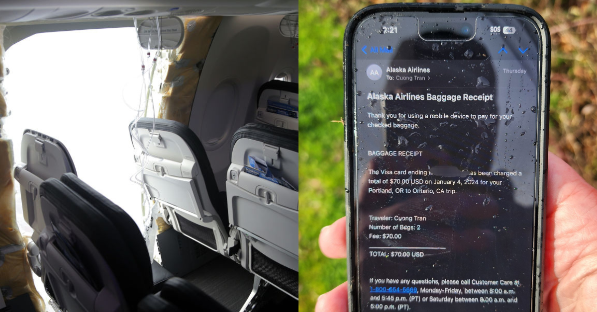 Image from Alaska Airlines flight with damaged door; Photo of iPhone from Alaska Airlines flight