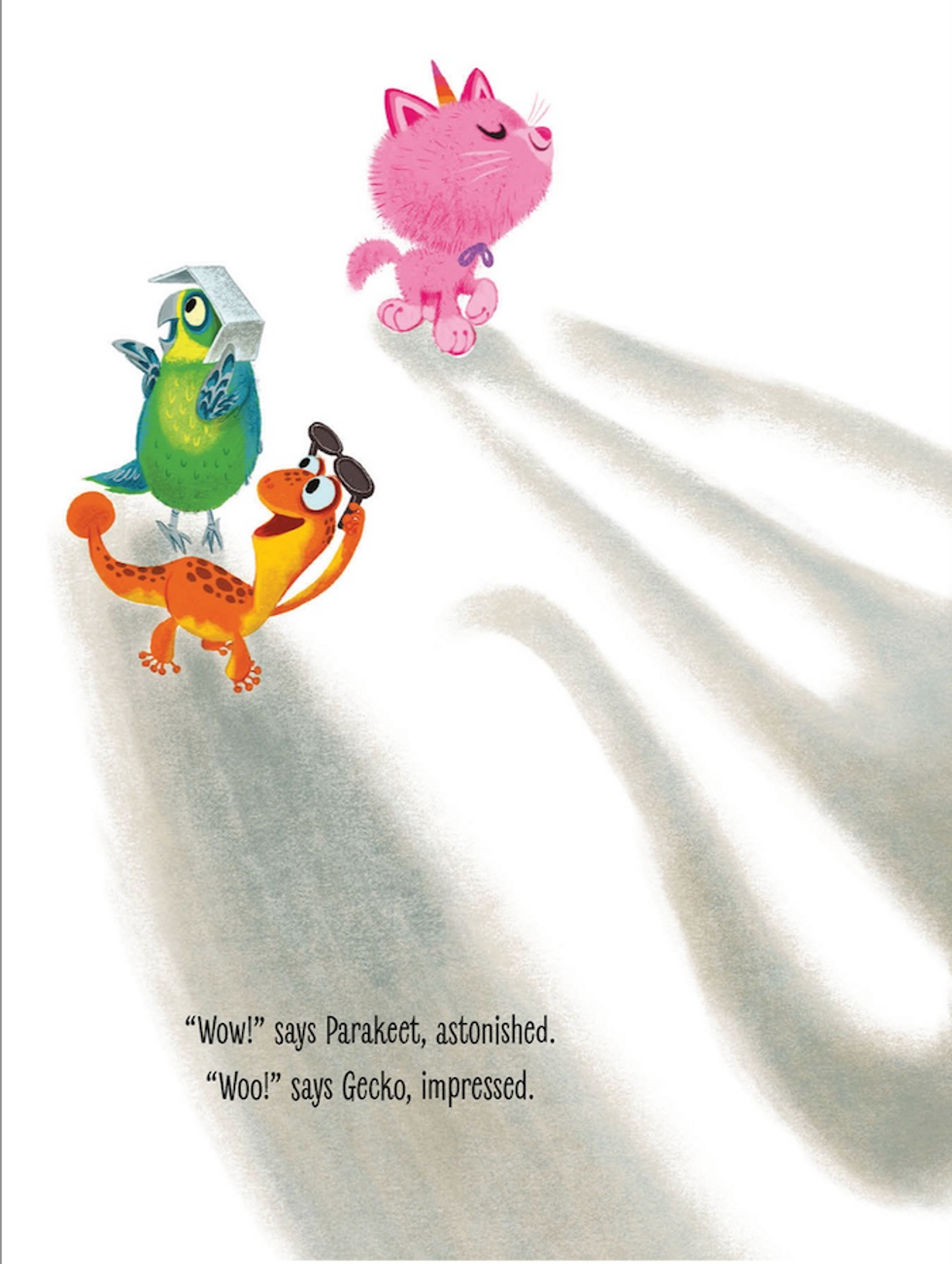 Image from the book, reading: "'Wow!' says Parakeet, astonished. 'Woo!' says Gecko, impressed."