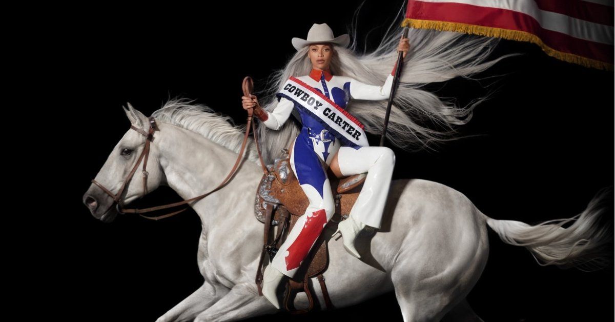 Image of Beyonce with a "Cowboy Carter" sash riding a horse