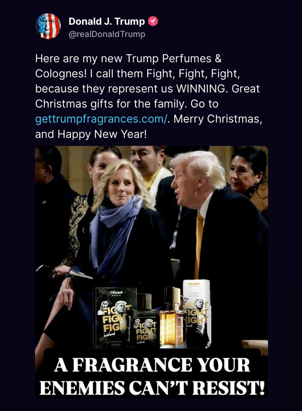 Image of Donald Trump and Jill Biden used for cologne ad Trump shared on Truth Social